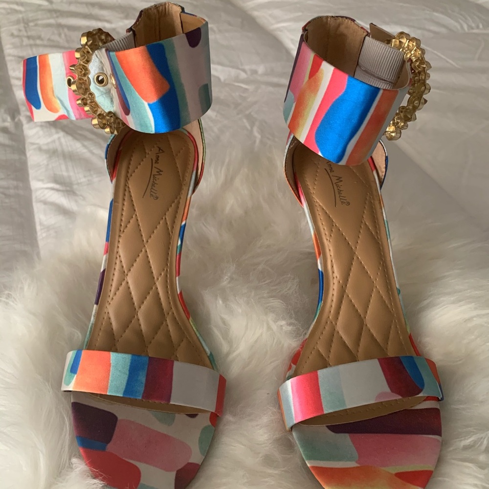 Ann Michelle multicolored heels rhinestone buckle.